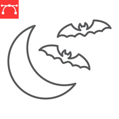 Bats and moon line icon, halloween and midnight, bats flying on the moon vector icon, vector graphics, editable stroke outline sign, eps 10.