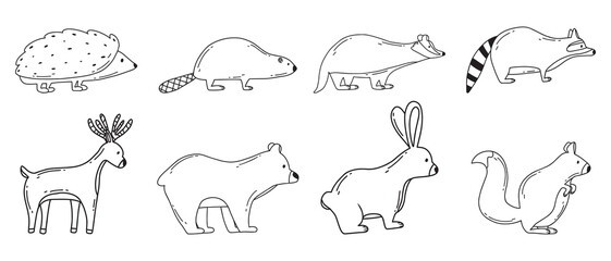 Set of forest animals in doodle style. Cute hedgehog, squirrel, deer, bear, hare, beaver, raccoon. Vector illustration.