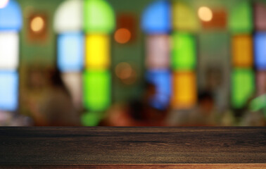 Empty wooden table in front of abstract blurred background of coffee shop . can be used for display or montage your products.Mock up for display of product