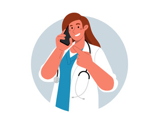 Doctor smiles and talks on cell phone.Phone consultation.Flat vector