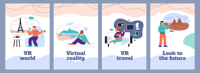 Set of templates about the metaverse, vector flat illustration on white background.