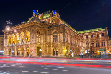 Fototapeta na wymiar vienna, austria - oct 17, 2019: facade of famous opera house at night. popular travel destination