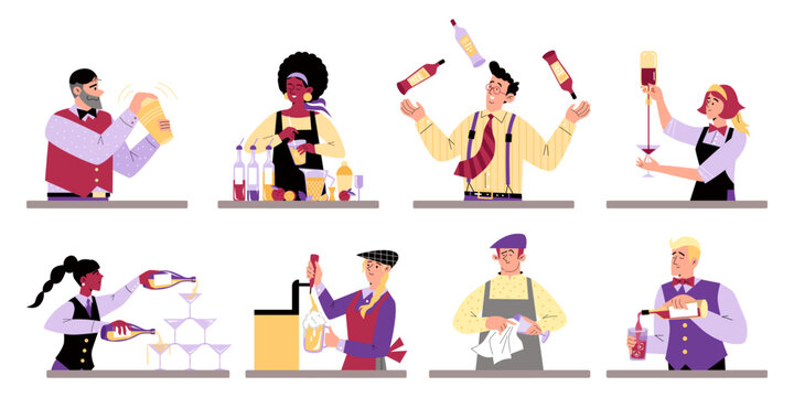 Set of vector illustrations in flat style, a bartender at work.