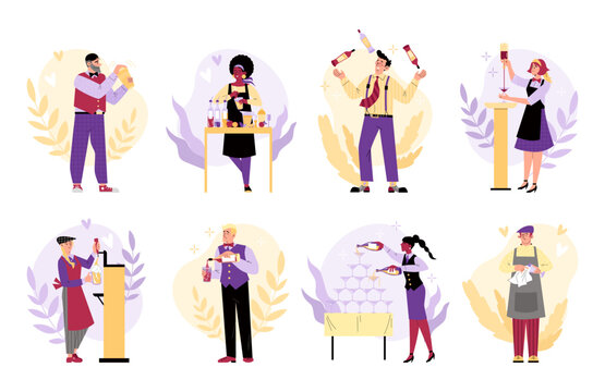 Bartenders mixing and pouring drinks in the bar, flat vector illustration isolated on white background.