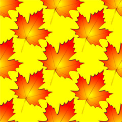 Naklejka na ściany i meble seamless symmetrical pattern of autumn maple leaves on a yellow background, texture, design