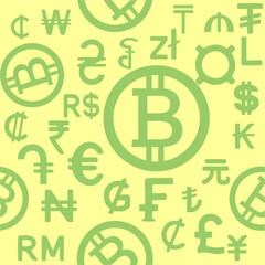 Obraz premium seamless green pattern of graphic symbols of different currencies of the world on a yellow background, texture, design