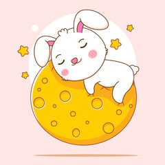Cute rabbit sleeping on the moon. Bunny cartoon character illustration.