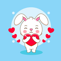 Cute rabbit hugs love heart. Bunny cartoon character illustration.