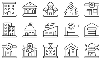 Set of Vector Icons Related to Buildings. Contains such Icons as Apartment, Bank, Castle, Church, Clinic, Condominium and more.