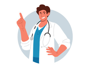 Smiling doctor with stethoscope pointing with finger.Vector flat