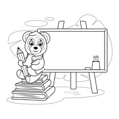 Coloring page. Smart panda with a pencil, a school board and books