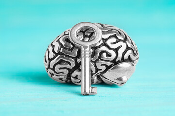 Human brain and master key isolated on blue