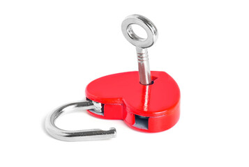 Open heart shaped padlock with key on white