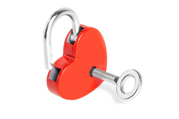 Heart shaped padlock with a key on white