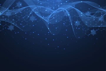 Molecular structure background. Science template wallpaper or banner with a DNA molecules. Asbtract molecule background with hexagons, wave flow, illustration.