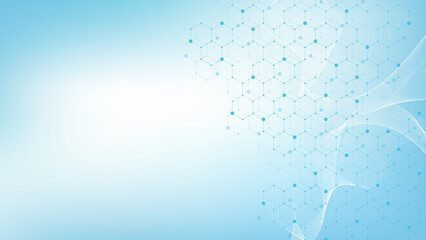 Technology abstract lines and dots connect background with hexagons. Hexagon grid. Hexagons connection digital data and big data concept. Hex digital data visualization, illustration.