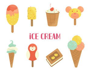 Ice cream in different shapes. cones, on a stick, in the form of characters