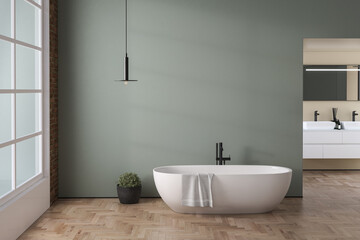 Naklejka na ściany i meble Interior of modern bathroom with beige and green walls, wooden floor, bathtub, plants, double sink standing on wooden countertop and a square mirror hanging above it. 3d rendering 