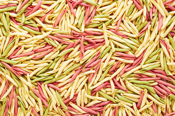 Colorful trofie pasta. Short twisted pasta from Liguria. Flat lay, food background.