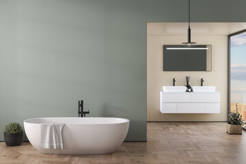 Obraz na płótnie Canvas Interior of modern bathroom with beige and green walls, wooden floor, bathtub, plants, double sink standing on wooden countertop and a square mirror hanging above it. 3d rendering 