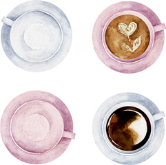 Watercolor set of coffee cups with heart sign and latte art top view collection isolated on white background.