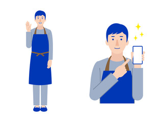 エプロンを着けた男性スタッフ 全身と上半身のイラスト3