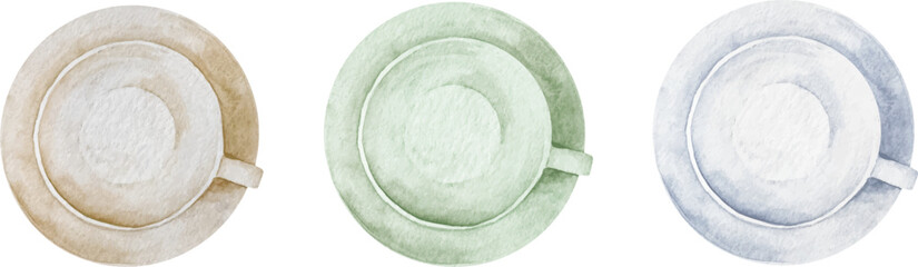 Watercolor set of three empty white coffee cups in saucer on white background