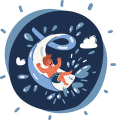 Cartoon vector illustration of child play water by slider down to the swimming pool, kid in summer concept.