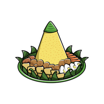 Flat Vector Illustration of Nasi Tumpeng or  Nasi Kuning Traditional Food of Indonesia. Asian Food Yellow Rice in Cone Shape With Eggs, Tofu, and Fried Chicken in Banana Leaf