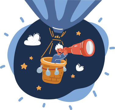 Cartoon vector illustration of Young child explorers, boy-captain look into the distance through a telescope © iracosma