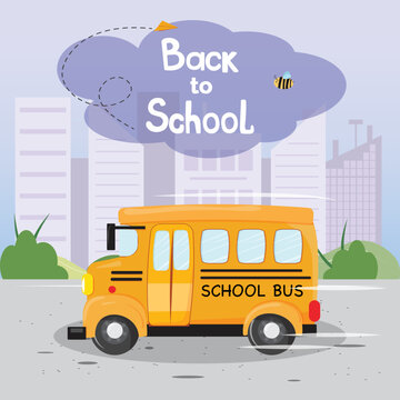 Back to school illustration with bus, bee and a paper plane on city park background in flat cartoon illustration.