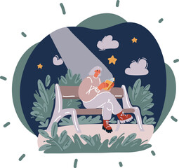 Cartoon vector illustration of woman in reading book in park in bench