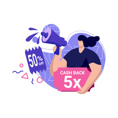 cashback campaign icon flat Illustration for 50% off get vouchers discounts, reward program color blue, pink, perfect for ui ux design, ecommerce, branding shopping sale, advertising, marketplace