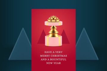 Merry Christmas red greeting card template golden spruce in open gift box realistic 3d icon vector