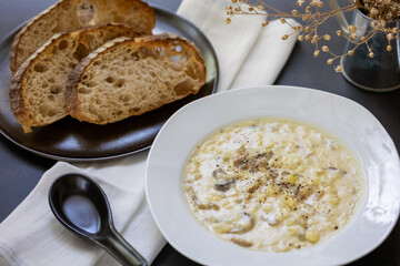 mushroom cream soup with sliced bread toast