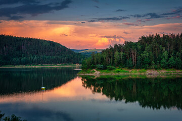 Beautiful Pilchowickie lake at sunset, Lower Silesia. Poland