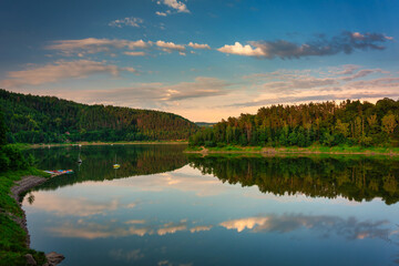 Beautiful Pilchowickie lake at sunset, Lower Silesia. Poland