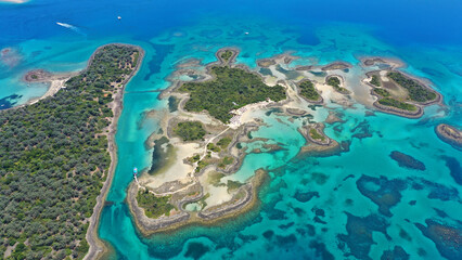 Fototapeta na wymiar Aerial drone photo of tropical exotic paradise island complex in Mediterranean sea forming a blue lagoon archipelago with crystal clear turquoise sea sandy beaches