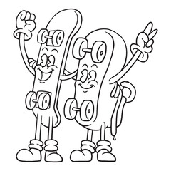 Coloring illustration of cartoon skateboard and roller skates 