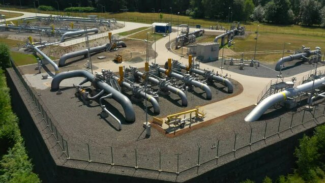 Natural gas pipeline. One part of Nord Stream pipeline from Russia to European Union. High pressure pipes on a hot summer day.