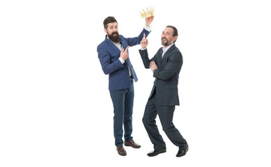 Glory seeking men. Businessmen compete for crown. Crown with glory. Winner coronation. Kings of...