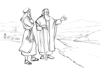 Abraham invites his nephew Lot to choose the land. Pencil drawing - obrazy, fototapety, plakaty