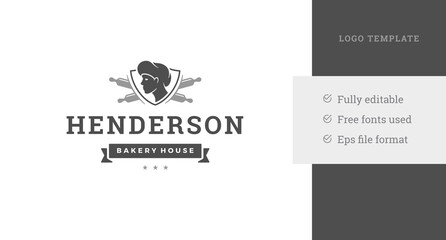 Monochrome bakery vintage logo design template chef head in shield with crossed rolling pins vector