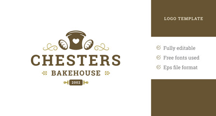 Monochrome bakehouse logo template curved vintage ornament design rolling pin and wheat vector