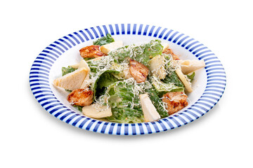 Caesar salad with chicken, Romano salad, with a sauce of blue cheese. On a white background, isolated.