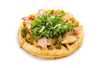 American Round Waffle. With bacon, chicken and arugula. On a white background, isolated.