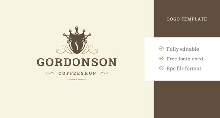 Premium coffee bean in heraldic crown vintage curved ornament logo design template vector