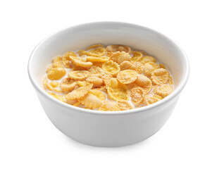 Tasty corn flakes with milk in bowl isolated on white
