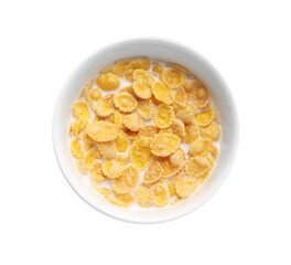 Tasty corn flakes with milk in bowl isolated on white, top view