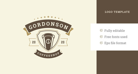 Vintage medieval heraldic shield paper coffee cup festive ribbon stars logo design template vector